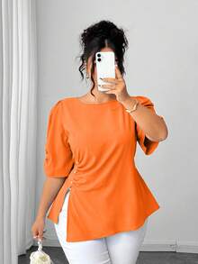 Elenzga Plus Size Women's Elegant Woven Short Sleeve Blue Beaded Decor Fitted Blouse - Orange - View 5
