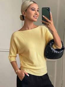 DAZY 女士纯色圆领七分袖休闲优雅针织上衣，秋冬款 - 黃色 - 查看 4