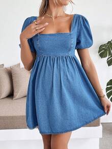 Blue Denim Maternity Short Dress With Petal Sleeves - 輕柔的洗滌 - 查看 3