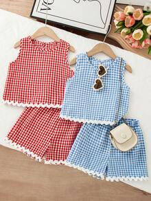Elladie kids Bộ áo hai dây và quần short kẻ caro cho bé gái, thích hợp cho mùa hè. - Nhiều màu - Xem 1