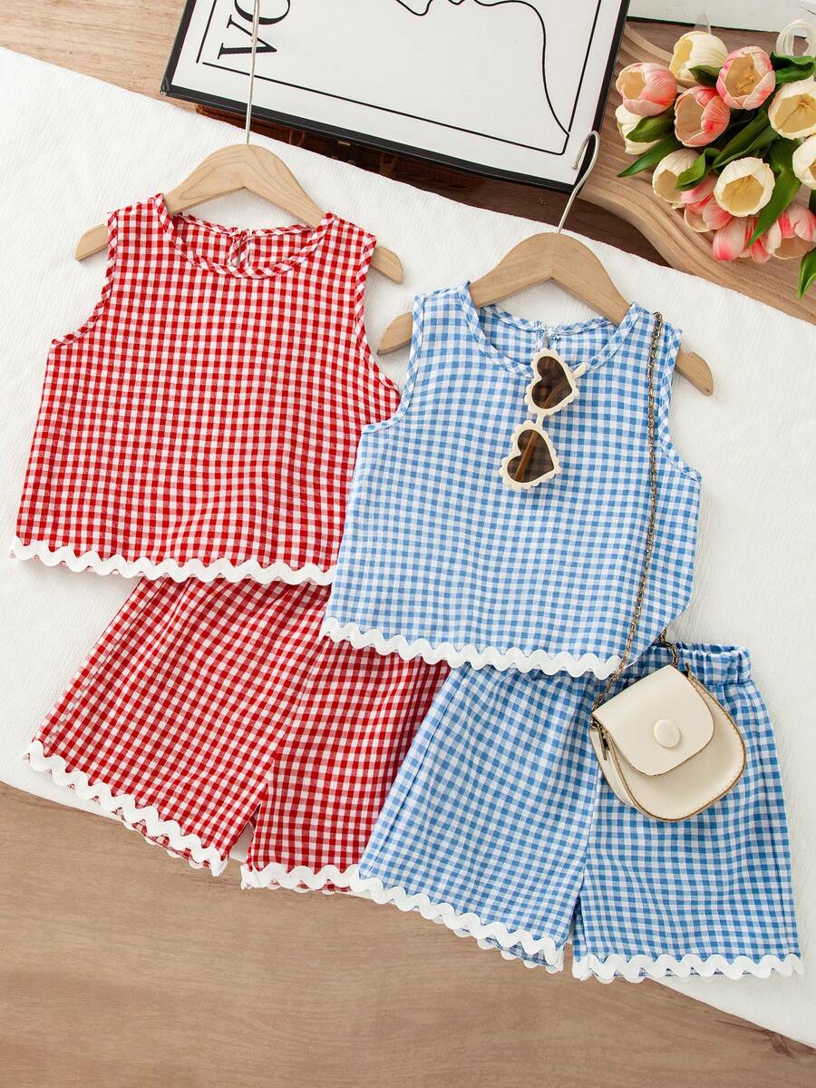 Elladie kids Bộ áo hai dây và quần short kẻ caro cho bé gái, thích hợp cho mùa hè. - Nhiều màu - Xem 1