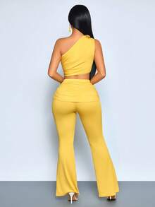 SOLERSUN Conjunto de prendas de punto con un tema tropical y elegante, con una Top asimétrica y pantalones acampanados, perfecto tanto para días de vacaciones como para noches de cita. Da forma al Body y crea un efecto estilizante, adecuado para citas, reuniones, fiestas y ocasiones cotidianas. - Amarillo - Ver 2