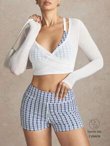 Activina 3件套女士格子背心、休闲短裤和长袖上衣套装 - 藍色 - 查看 8