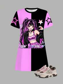 Tween Girl Numeric 67 Graphic, Cartoon Print, Purple & Black Colorblock, Short Sleeve Mid-Length Dress, Suitable For Summer - Multicolor - View 2