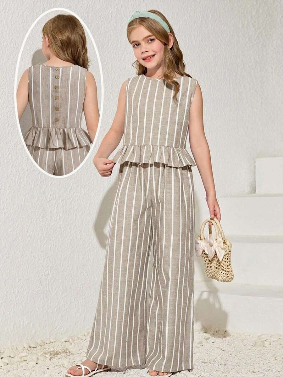 SHEIN Tween Girls' Vacation Casual Khaki Textured Striped Sleeveless Top & Extended Pants Set - Khaki - View 1