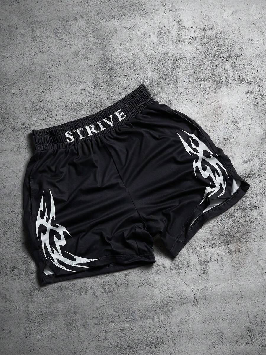 Manfinity EMRG Pantalones cortos casuales de talla grande para hombres con estampado de letras, verano - Negro - Ver 1