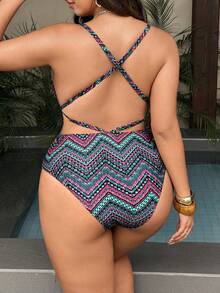 Swim Vcay Plus Size Women's Summer Beach Herringbone Print Deep V-Neck Criss-Cross Back One-Piece Swimsuit - Multicolor - View 2