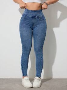 SHEIN Tall 女士高腰弹力紧身牛仔裤，休闲夏季派对及街头穿搭，性感紧身弹力裤，蓝色高个女士紧身牛仔裤 - 藍色 - 查看 4
