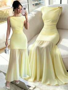 SHEIN Elenzya Đầm maxi màu vàng nhạt, kiểu dáng xếp ly, eo chun, điểm nhấn kim loại, hàng mới về mùa Xuân/Hè 2026. - Màu vàng ngỗng - Xem 1