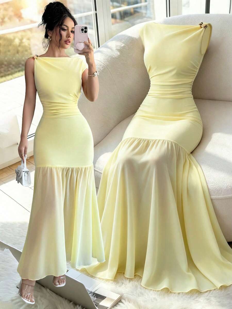 SHEIN Elenzya Đầm maxi màu vàng nhạt, kiểu dáng xếp ly, eo chun, điểm nhấn kim loại, hàng mới về mùa Xuân/Hè 2026. - Màu vàng ngỗng - Xem 1