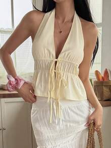 Áo kiểu nữ kẻ sọc buộc dây cổ yếm gợi cảm - Vàng nhạt - Xem 7