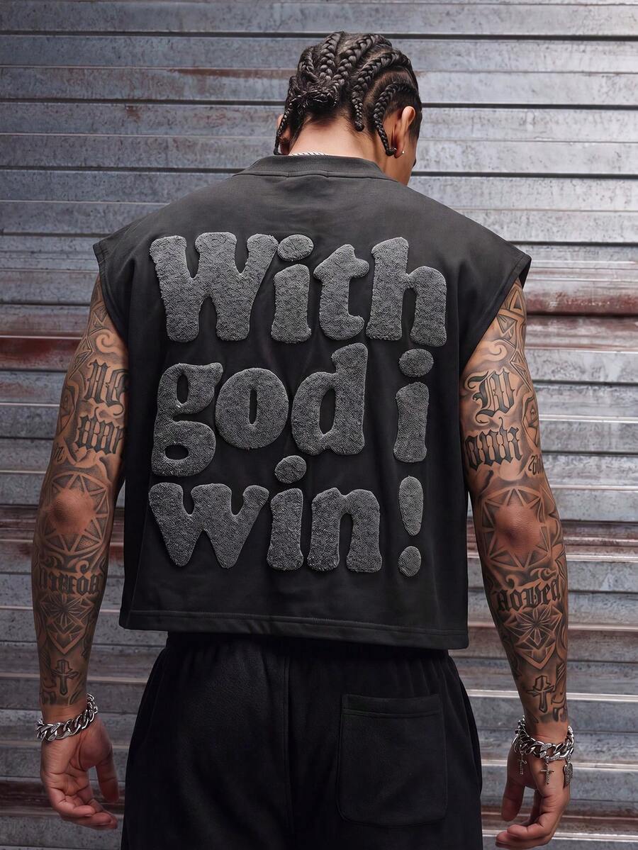AXEPEAK Men's Slogan Graphic Crew Neck Casual Loose Tank Top - Black - View 1