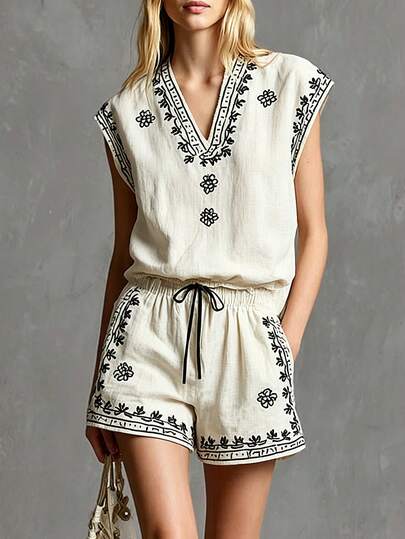 Balvessa Women's Woven Printed Summer Casual Two Pieces Set