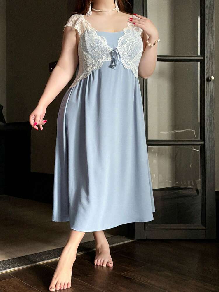 Dazy Plus Lace Patchwork Waist Maxi Nightgown, Spring Elegant Sexy Plus Size Women Sleepwear Dress