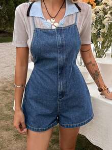 DAZY Women's Summer Backless Criss-Cross Strap Casual Denim Bib Shorts - Medium Wash - View 6