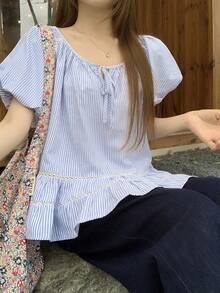 DAZY Women's Striped Fabric Round Neck Short Sleeve Casual Pullover Shirt, Summer - Blue - View 7