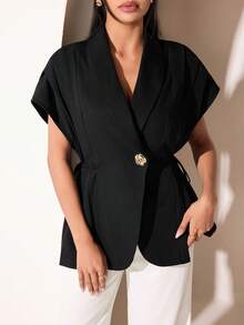 Veilorie Áo blazer nữ thanh lịch cài một nút kim loại, ve áo cổ bẻ. - màu đen - Xem 5