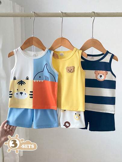 SHEIN Playful Pals Bộ áo ba lỗ và quần short in hình động vật hoạt hình cho bé trai, thích hợp cho các hoạt động hàng ngày, ngoài trời, thể thao và vui chơi, tiệc tùng và dã ngoại gia đình.