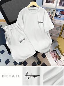 SHEIN 2件組青少年男孩休閒百搭舒適字母印花針織短袖T恤與短褲套裝，都市休閒風 - 白色 - 查看 4