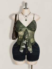 SHEIN ICON Plus Size Women Paisley Print Blue Green Ruffle Trim Camisole Top - Army Green - View 4