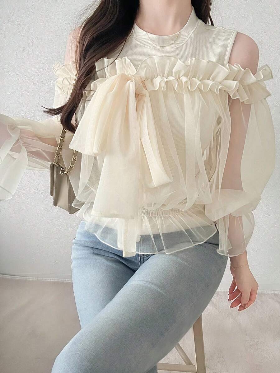 FRIFUL Women's Solid Color Sheer Mesh Fabric 2 In 1 Bowknot Ruffle Trim Sleeve Fitted Casual Versatile Two Pieces Set - Apricot - View 1