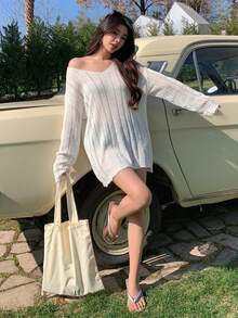 DAZY Đầm khoác ngoài cổ chữ V tay cánh dơi màu trơn dành cho nữ, thích hợp cho kỳ nghỉ hè. - trắng - Xem 3