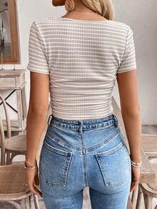 SHEIN Tall CURVE Große Größen Gestreiftes Kontrast-Farben Raffung Basic Lässig T-Shirt für Damen, Sommer - Verschiedenfarbig - Übersicht 2