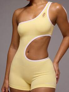 Musera Sport Contrast Cut Out Active Playsuit Unitard Sport Workout Gym Pilates Fitness Daily Girly Casual Hot Sweat Summer - Light Yellow - View 6