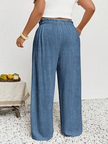SHEIN Frenchy Quần dài nữ cỡ lớn màu xanh trơn, kiểu dáng thường ngày, thích hợp cho kỳ nghỉ hè. - Màu xanh lam - Xem 2