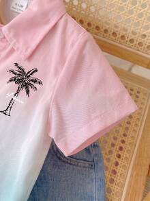 SHEIN Playful Pals 嬰幼兒男童粉色可愛漸層棕櫚樹印花 Polo 領短袖上衣 大字母背部設計 夏季度假海灘街頭風 6M-3T - 彩色 - 查看 6