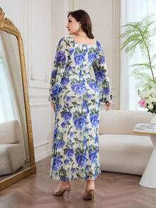 Modelyn Robe de vacances à encolure carrée, manches évasées et froncée à fleurs pour femmes, grande taille - Multicolore - Voir 2