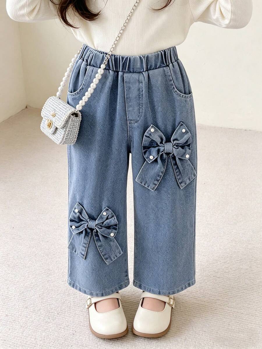 SHEIN Vintaside Kids 女童新款刺绣牛仔裤，日常休闲直筒裤，适合年轻女孩穿着 - 藍色 - 查看 1