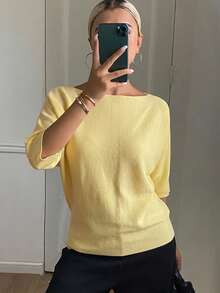 DAZY 女士纯色圆领七分袖休闲优雅针织上衣，秋冬款 - 黃色 - 查看 3