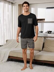 Classic Plaid Men's Casual Pajama Set - Black - View 5