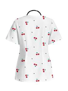 PopScrub Blusa de uniforme de bolsillo con estampado de corazones de cereza, cuello en V y manga corta para mujer - Multicolor - Ver 2
