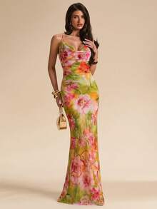SHEIN BAE Đầm gợi cảm hở lưng, cổ xếp ly, in họa tiết hoa màu xanh lá cây, thích hợp cho kỳ nghỉ biển. - màu xanh lá - Xem 5