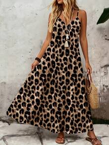 EMERY ROSE Plus Size Classic Leopard Print V Neck Spaghetti Strap Loose Flowy A-Line Maxi Dress Women Boho Beach Vacation Sundress - Multicolor - View 1
