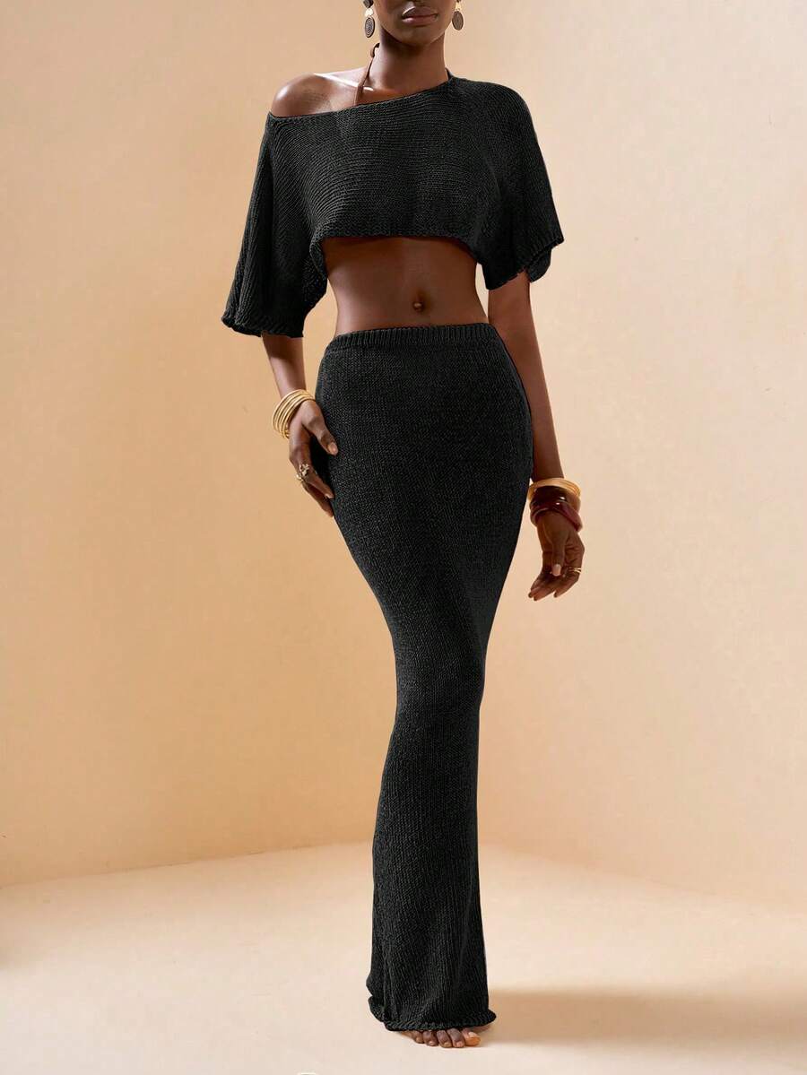 2pcs/Set Elegant Casual Vacation Solid Color Knitted Beach Cover-Up Top And Knitted Mini Skirt Set - Black - View 1