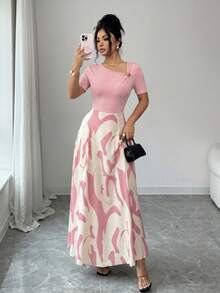 Elenzga 女士V领收腰A字连衣裙，饰以抽象黑白图案和金属扣环，优雅百搭，适合日常、度假、通勤、情人节、约会、街头风、派对、早春/春夏穿着。 - 淺粉色 - 查看 8
