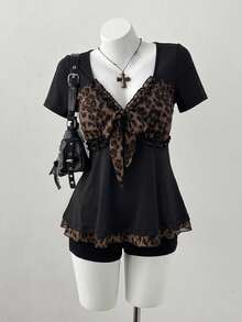 Sunspun Fashionable Sexy Leopard Print Lace-Up Front Slim Fit Short Sleeve T-Shirt - Black - View 1