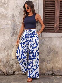 EMERY ROSE 2pcs Women Solid Color Sleeveless Top And All-Over Allover Print Pants Set - Multicolor - View 3