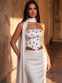 Aureia Elegant White Polka Dot Satin Strapless Two-Piece Dress, Pleated Party Gown For Wedding Guest,Prom & Evening Events - Black and White - View 5