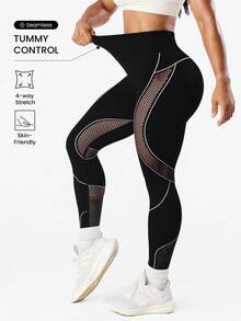 SHEIN Rhythm Era Women's Plus Size Seamless Yoga Leggings,High Waist Tummy Control Lifting,Mesh Design Fashionable & ,Moisture Wicking,Black,Summer,Athletic,Gym - Black - View 5