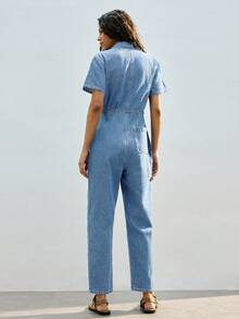 Maija 女士纽扣口袋休闲日常牛仔连体裤 - 淺色水洗藍 - 查看 5