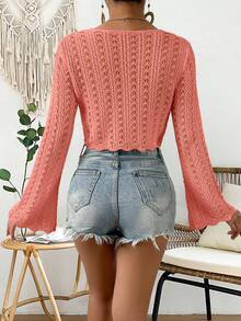 Breezaya Vacation Casual Boho Solid Color Hollow Out Knit Cardigan Coral Pink Autumn - Watermelon Pink - View 2