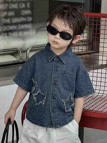 Dazy Kids Áo thun denim rộng rãi, thoải mái cho bé trai, họa tiết ngôi sao, thích hợp cho mùa hè. - Rửa tối - Xem 3