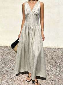 Livesso V-Neck Sleeveless Waist Cinched Ditsy Floral Midi Dress For Women Sun Dresses For Women Summer Vacation Beige Boho - Apricot - View 3