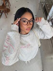 Muchica Light Grey Knit Sweatshirt With Embroidery Design, Women's Pullover, Y2K Grey Sweatshirt - Light Grey - View 1
