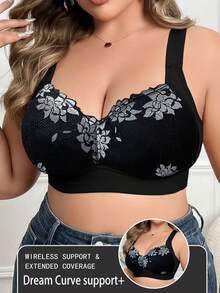 DesireSculpt 1 pieza Sujetador inalámbrico de encaje y parches para tallas grandes - Negro - Ver 5
