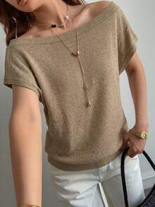 DAZY Women's Elegant Asymmetric Neck Short Sleeve Asymmetric Neck Sweater - Khaki - View 5